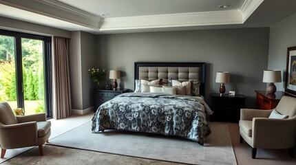 Fototapeta premium Stylish Contemporary Bedroom with Large Windows and Indoor Plant