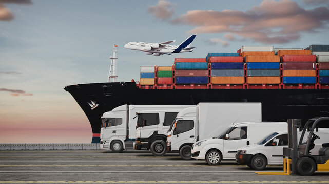 3D Rendering of Multimodal Transport with Ship, Trucks, and Plane.. - Powered by Adobe