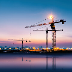 Obraz premium Silhouetted Construction Cranes at Sunset over City Skyline