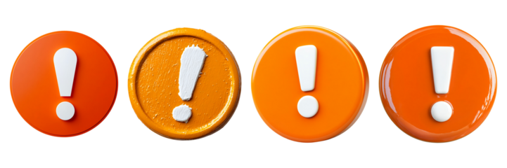 Orange button with white exclamation mark isolated on transparent background