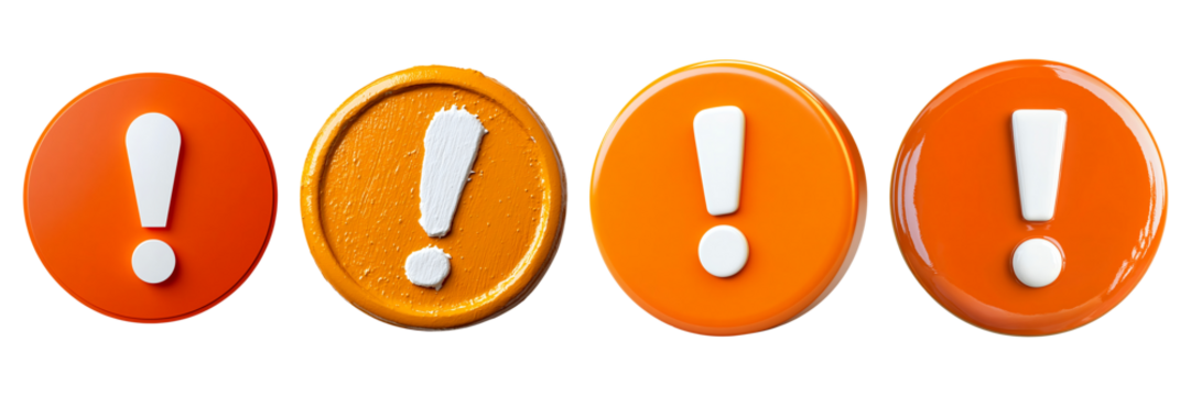 Orange button with white exclamation mark isolated on transparent background - Powered by Adobe