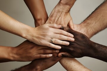 Hands of people of different nationalities and skin colors are extended to each other, showing unity and equality of different cultures