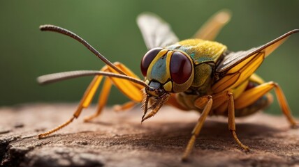 Exotic Wasp Close-up with Yellow and Blue Markings on Wooden Surface