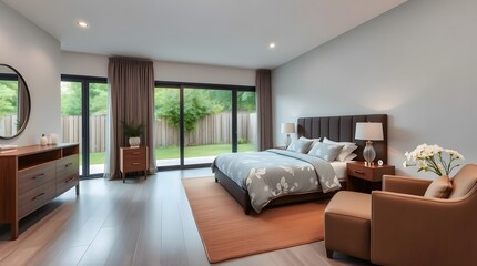 Fototapeta premium Peaceful and Cozy Bedroom with Soft Lighting and Modern Decor