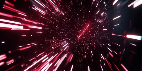 Cosmic Speed: Abstract rendering of red and white lights streaking through a dark void, evoking a sense of motion, technology, and interstellar travel.