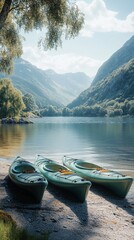 Obraz premium Kayaks Resting on the Shore of a Tranquil Lake Surrounded by Mountains in Bright Sunlight