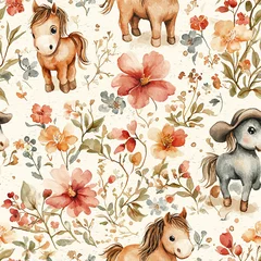 Gordijnen Cute seamless pattern with horses and flowers for printing on fabric, for wallpaper, for children's decor in a baby's room. © Tatiana 