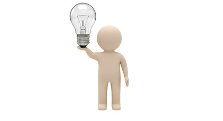 Isolated 3D Character Holding a Glowing Light Bulb of Inspiration