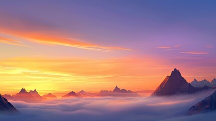 Obraz premium A breathtaking sunset over majestic mountains, casting vibrant colors across the sky and enveloping the peaks in soft clouds.