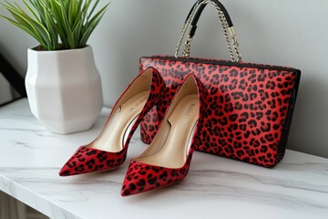 Red leopard print high heels and matching clutch bag on marble table
