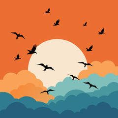 Silhouette illustration of a flock of birds flying in the sky