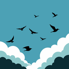 Silhouette illustration of a flock of birds flying in the sky