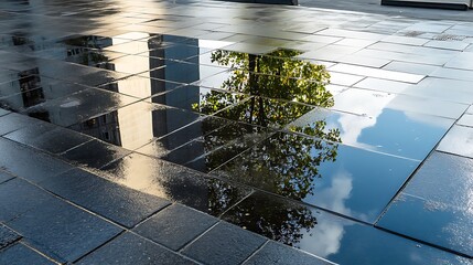 damp asphalt from showers alters urban streets crafting glossy planes that reflect city life and offer a vivid aesthetic clash  
