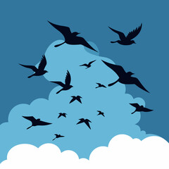 Silhouette illustration of a flock of birds flying in the sky