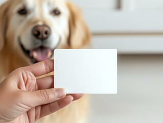Hand holding blank white card with happy golden retriever dog in background, mockup for pet business or veterinary service presentation.