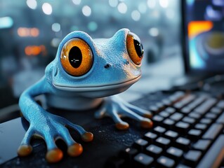 Funny blue frog playing computer in office for profile picture