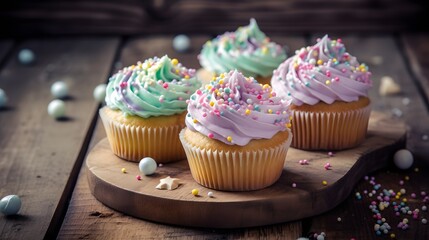 Delicious cupcakes on wooden board with colorful sprinkles and frosting. Perfect for dessert, party or celebration. Sweet treat!