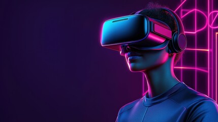 A person wearing a virtual reality headset, immersed in a colorful, neon-lit environment, showcasing the fusion of technology and digital experiences.