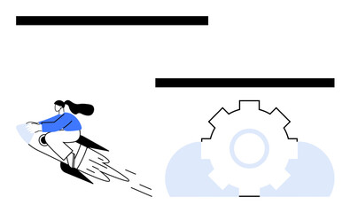 Woman in motion riding a rocket, gear mechanism representing ideas, progress, or innovation. Ideal for technology, startup, speed, creativity, problem-solving development futuristic flat simple