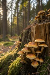 Fototapeta premium Cluster of armillaria mushrooms thriving on an old tree stump in a sunlit forest, glowing golden hues among moss and fallen leaves