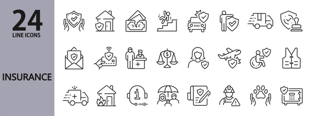 Insurance line icons set with Health, Assurance, Medical, Accident, Risk, Safety, Family and more. Editable Stroke