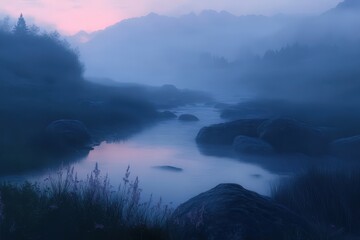 Fototapeta premium A misty landscape scene featuring a river flowing through mountains