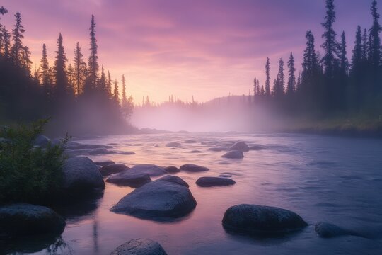 Misty river flows between forested banks under a colorful sky