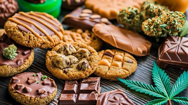 Cookies and chocolates featuring herbs on wooden surface create a tempting dessert assortment