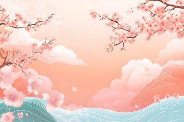 Cherry Blossom Japanese-Style Background with Waves and Clouds