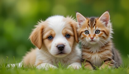 Obraz premium Puppy and Kitten Sitting Together in the Grass