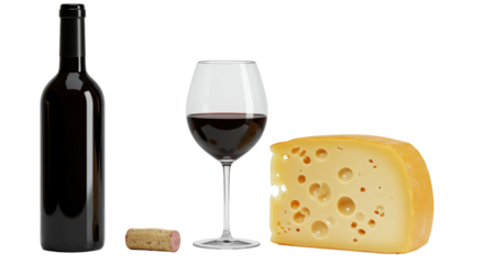 Isolated Red Wine Bottle Glass and Cheese Still Life