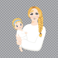 Woman holds baby girl in her arms, Woman and child smiling with wide open eyes, dressed in simple white clothes, vector illustration for Mother's Day, isolated on transparent background