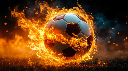 Fototapeta premium Fiery Soccer Ball in Motion: Intense Energy and Passion Depicted with Flames, Dynamic Sports Image for Football Enthusiasts and Adrenaline Seekers