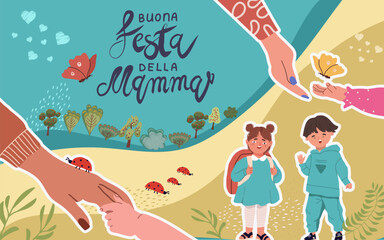 Collage, banner, background, horizontal, Buona Festa Della Mamma, Happy Mothers Day in Italian handwritten typography, hand lettering. Hand drawn vector illustration.