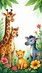 Naklejka premium Safari animals in watercolor illustration amidst greenery and flowers, safari animals, savannah