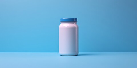 White jar with blue lid, and blue background.