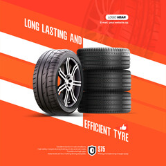 An advertising poster on the sale of tyre. Car wheel. Black rubber tires.