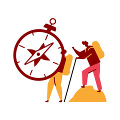 Two hikers using big compass for navigation in flat colorful style, AI Generation