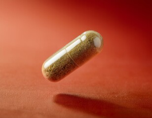 Herbal medicine capsule flying on red background