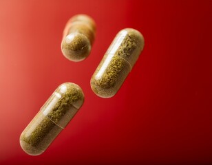 Herbal medicine capsule flying on red background