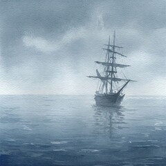 Fototapeta premium Misty Ocean Scene with Ghostly Vessel