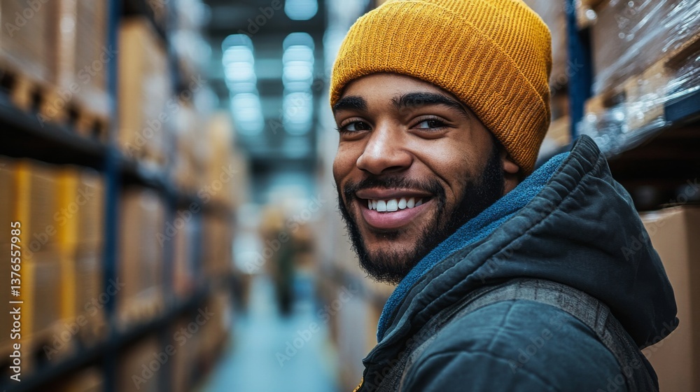 Poster a warehouse worker wearing a yellow beanie smiles confidently while walking through aisles filled wi