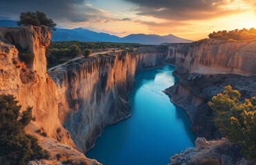 Fototapeta premium Photo of the breathtaking canyon in Greece with a turquoise river flowing through it,