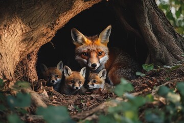 Fototapeta premium A mother fox and her kits sheltered in their woodland den