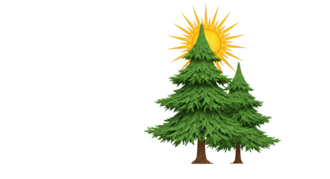 Isolated Two Pine Trees with Shining Sun Overhead for Christmas Landscape