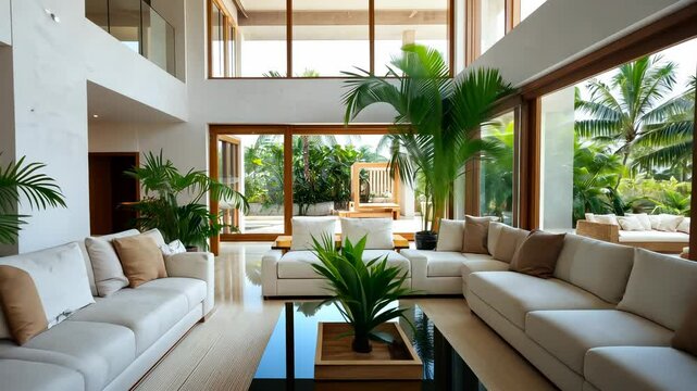 Luxurious open plan sofas a interior with comfortable white living and large windows overlooking and tropical garden room pool video 4k