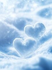 Fototapeta premium Abstract Snow Hearts in Winter Wonderland - Two snow hearts nestled in a snowy landscape symbolize love, winter, purity, hope, and serenity. A beautiful winter scene