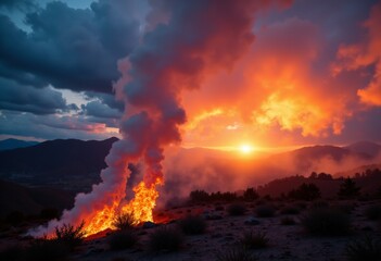 Fototapeta premium A large plume of smoke rises from the ground as the sun sets