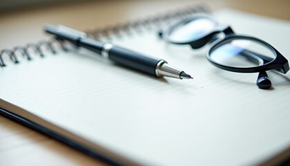 Pen and glasses resting on a notebook in a workspace  