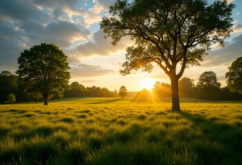 Fototapeta premium A lone tree in the middle of a grassy field at sunset